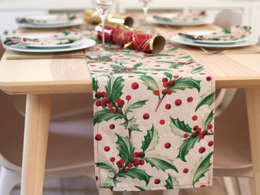 Festive Christmas Holly & Berries Fabric Table Runner