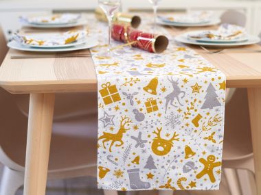 Gold & Silver Reindeers & Gifts Christmas Fabric Table Runner