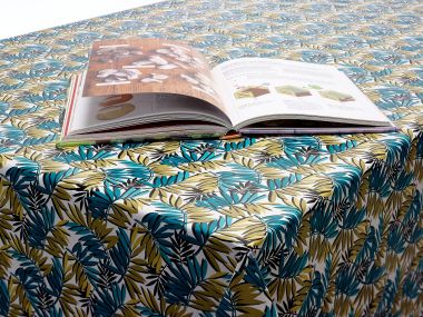 Aqua/Mustard Palm Leaves PVC Vinyl Wipe Clean Tablecloth