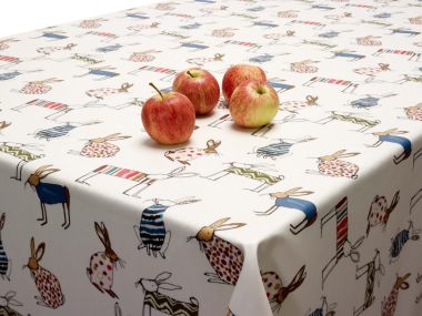 Cream Multi Abstract Bunny Rabbits and Hare Matte Oilcloth WITH BIAS-BINDING HEMMED EDGING Tablecloth