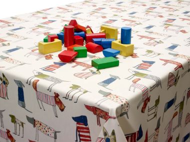 Cream Multi Abstract Funky Dogs Matte Oilcloth Tablecloth