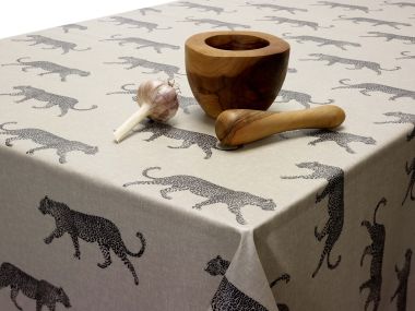 Natural and Black Leopards Matte Wipe Clean Oilcloth WITH BIAS-BINDING HEMMED EDGING Tablecloth