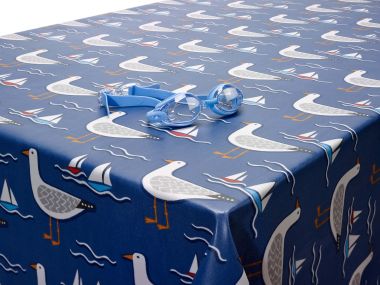 Navy Blue White Seagulls and Sailing Boats Matte Oilcloth Wipe Clean Tablecloth