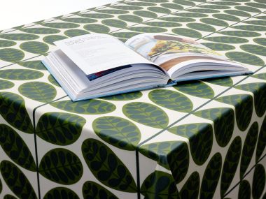 Orla Kiely Multi Stem Botanica Green Oilcloth WITH BIAS BINDING Hemmed Edge Tablecloth Matte Finish
