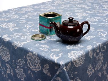 Denim Blue Bird Garden Floral Oilcloth WITH BIAS-BINDING HEMMED EDGING Wipe Clean Tablecloth Matte Finish