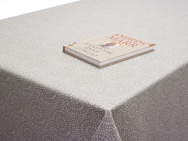 Light Grey and White Spiro Circles Matte Finish Oilcloth Wipe Clean Tablecloth