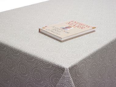 Light Grey and White Spiro Circles Oilcloth WITH BIAS-BINDING HEMMED EDGING Matte Finish Wipe Clean Tablecloth