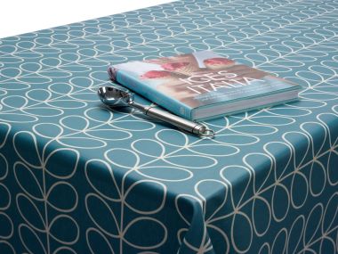 Orla Kiely Teal Linear Stem Oilcloth With BIAS BINDING HEMMED EDGING Wipe Clean Tablecloth