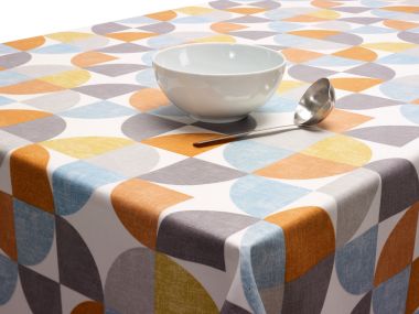 Burnt Orange, Ochre Yellow and Grey Circles Oilcloth WITH BIAS-BINDING HEMMED EDGING Matt Finish Wipe Clean Tablecloth