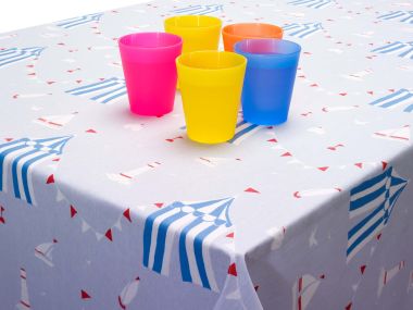 Sky Blue & Red Nautical Boats and Sandcastles Oilcloth Matte Wipe Clean Tablecloth