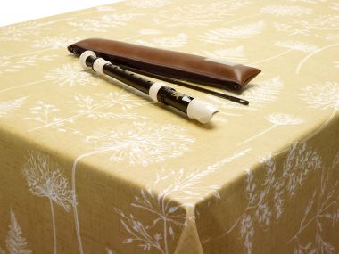 Chervil Ochre/Mustard Meadow Floral Oilcloth WITH BIAS-BINDING HEMMED EDGING Matte Finish Wipe Clean Tablecloth