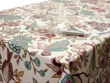 Beige Natural Red Duck Egg Heritage Birds and Floral Matt Finish Oilcloth Wipe Clean Tablecloth