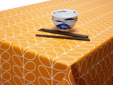 Fitted Round Elasticated Edge Orla Kiely Linear Stem Papaya Burnt Orange Oilcloth Tablecloth Matte Finish