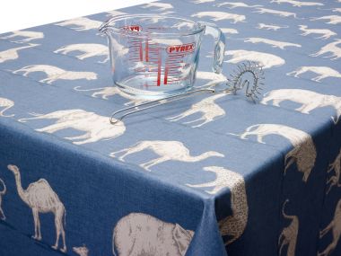 Denim Blue Prairie Safari Animals Matte Finish Wipe Clean Oilcloth WITH BIAS-BINDING HEMMED EDGING Tablecloth