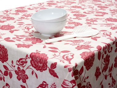 Cream and Red Bird Garden Floral Oilcloth Wipe Clean Tablecloth