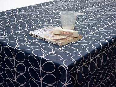Fitted Round Elasticated Edge Orla Kiely Linear Stem Whale Deep Blue Oilcloth Tablecloth Matte Finish
