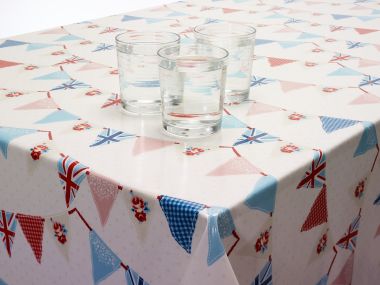 Multi-Colour Vintage Bunting Oilcloth WITH BIAS-BINDING HEMMED EDGING Wipe Clean Tablecloth