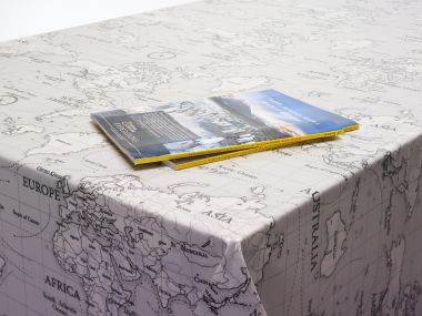 Grey World Atlas Map Oilcloth WITH BIAS-BINDING HEMMED EDGING Wipe Clean Tablecloth