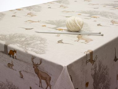 Beige Woodland Animals Oilcloth Wipe Clean Tablecloth Matte Finish