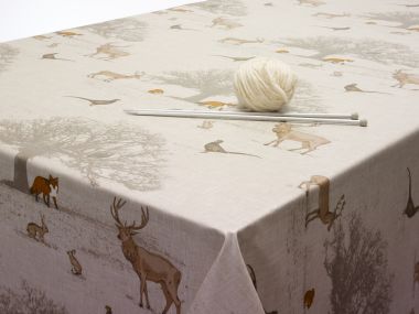 Beige Woodland Animals Oilcloth WITH BIAS-BINDING HEMMED EDGING Wipe Clean Tablecloth Matte Finish