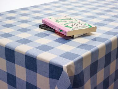 Blue Large Gingham Check Oilcloth WITH BIAS-BINDING HEMMED EDGING Wipe Clean Tablecloth