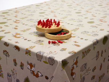 Beige Foxes and Owls Oilcloth WITH BIAS-BINDING HEMMED EDGING Wipe Clean Tablecloth