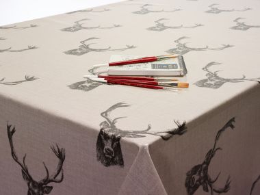 Natural / Beige Stag Heads Oilcloth WITH BIAS-BINDING HEMMED EDGING Wipe Clean Tablecloth