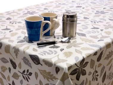 Taupe Duck Egg Sage Leaf Floral Oilcloth