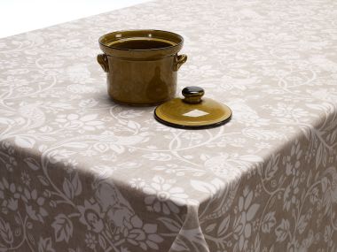 Taupe Beige Pheasants and Hares Country Oilcloth WITH BIAS-BINDING HEMMED EDGING Wipe Clean Tablecloth Matte Finish