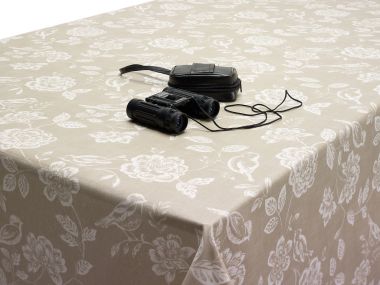 Taupe Bird Garden Floral Matte Oilcloth WITH BIAS-BINDING HEMMED EDGING Wipe Clean Tablecloth