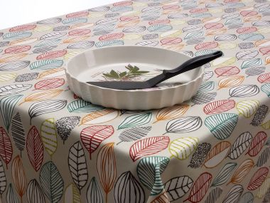 Taupe Burnt Orange and Ochre Modern Leaves Oilcloth WITH BIAS-BINDING HEMMED EDGING Wipe Clean Tablecloth Matte Finish
