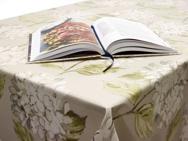 Taupe and White Large Floral Oilcloth Wipe Clean Tablecloth