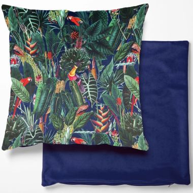 Tropical Rainforest Animals Blue Floral Velvet Cushion Cover With Multiple Backing Colours