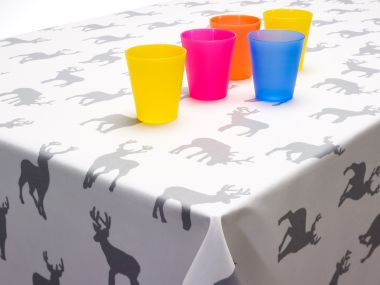 White and Grey Christmas Stags Matte Oilcloth Wipe Clean Festive Tablecloth
