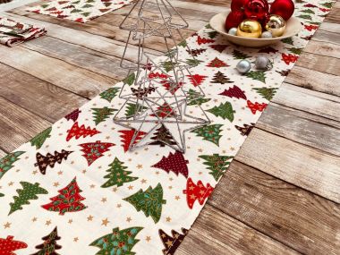 Cream Red Green Christmas Trees Christmas Cotton Fabric Table Runner