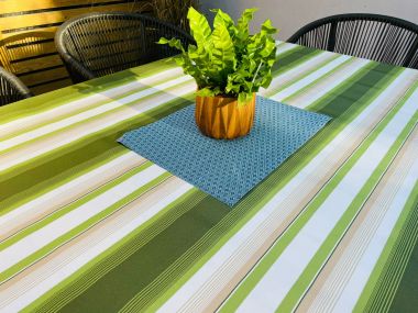 Woolacombe Olive Green and White Stripe Outdoor/Indoor Waterproof Tablecloth 144cm Wide