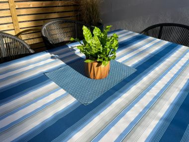 Woolacombe Sky Blue and White Stripe Outdoor/Indoor Waterproof Tablecloth 150cm Wide