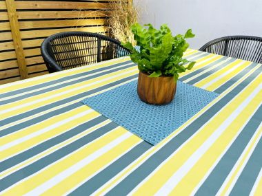 Ochre Yellow Grey and White Stripes Outdoor/Indoor Waterproof Tablecloth 144cm Wide