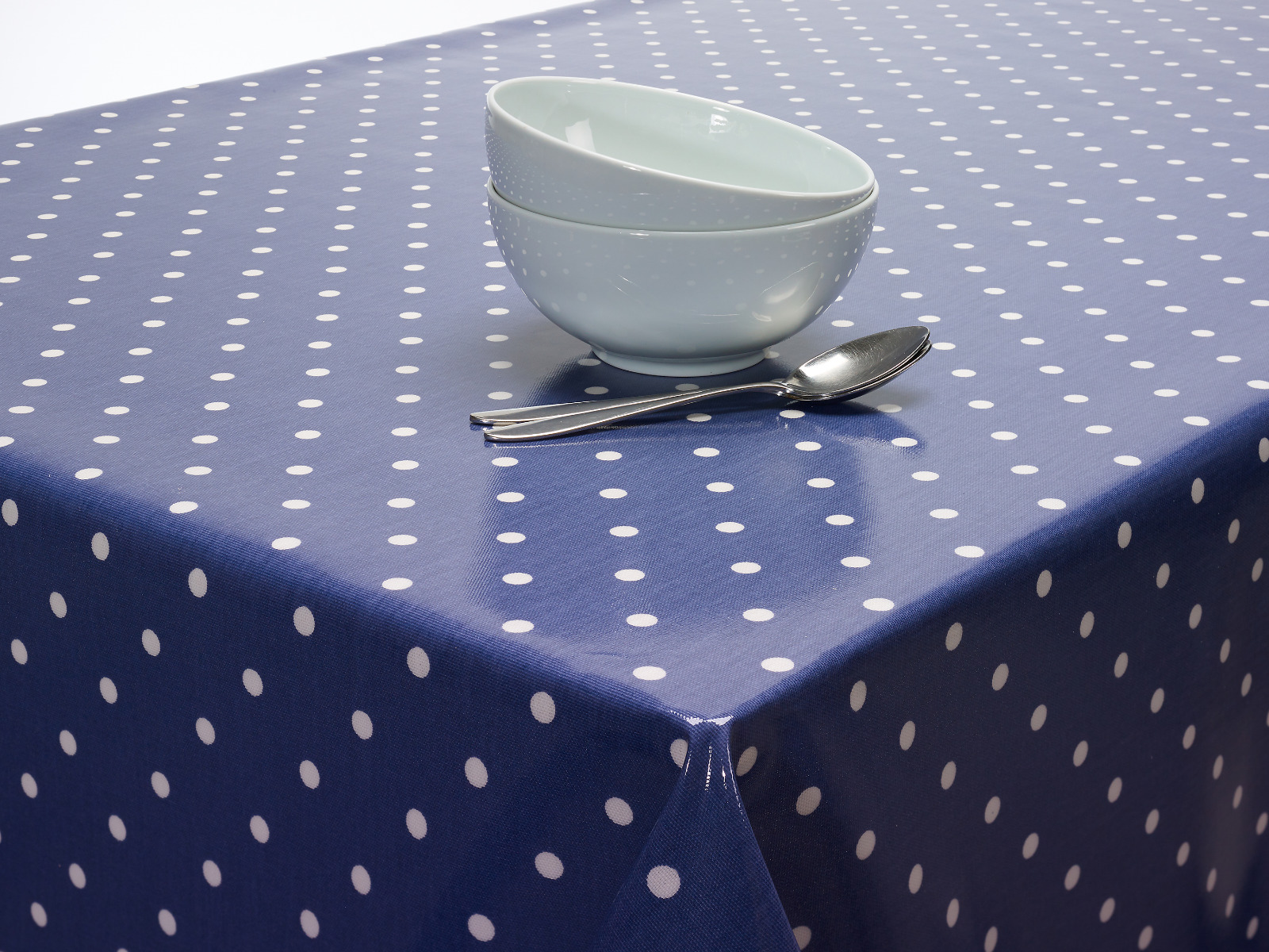 Dotty Denim Blue Oilcloth WITH BIAS-BINDING HEMMED EDGING Wipe Clean Tablecloth