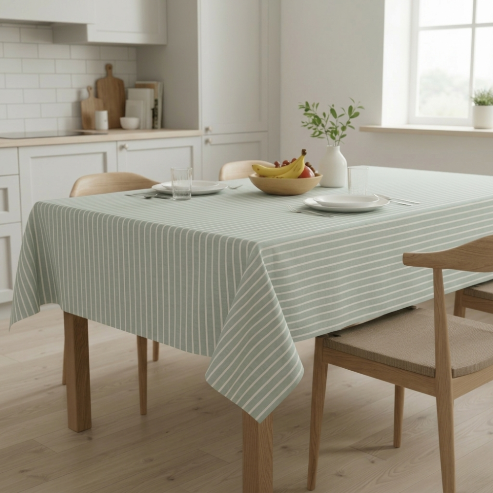 Duck Egg and White Stripes Matte Finish Wipe Clean Oilcloth Tablecloth