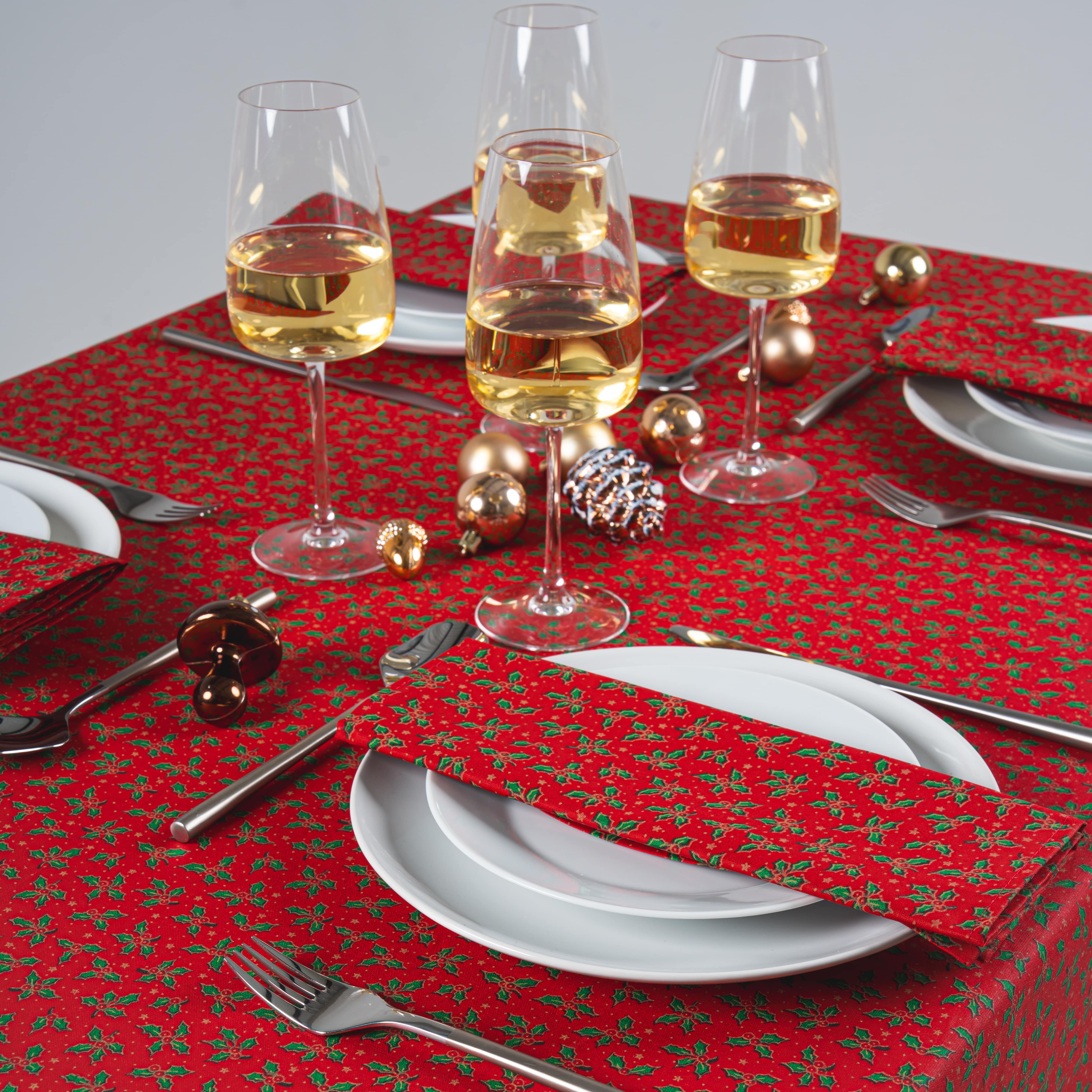 Red and Green Festive Christmas Holly 100% Cotton Fabric Tablecloth