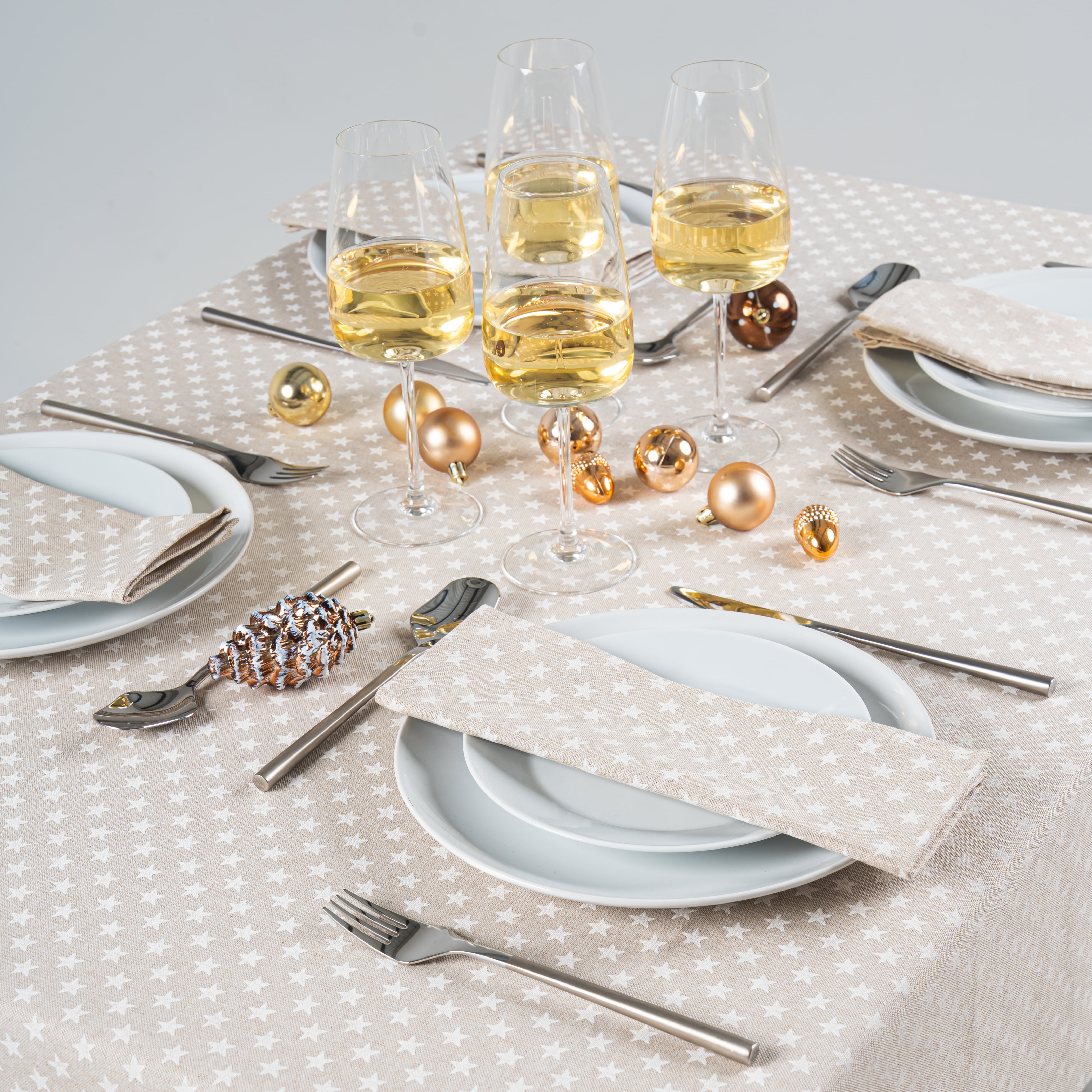 Linen and White Stars Fabric Tablecloth