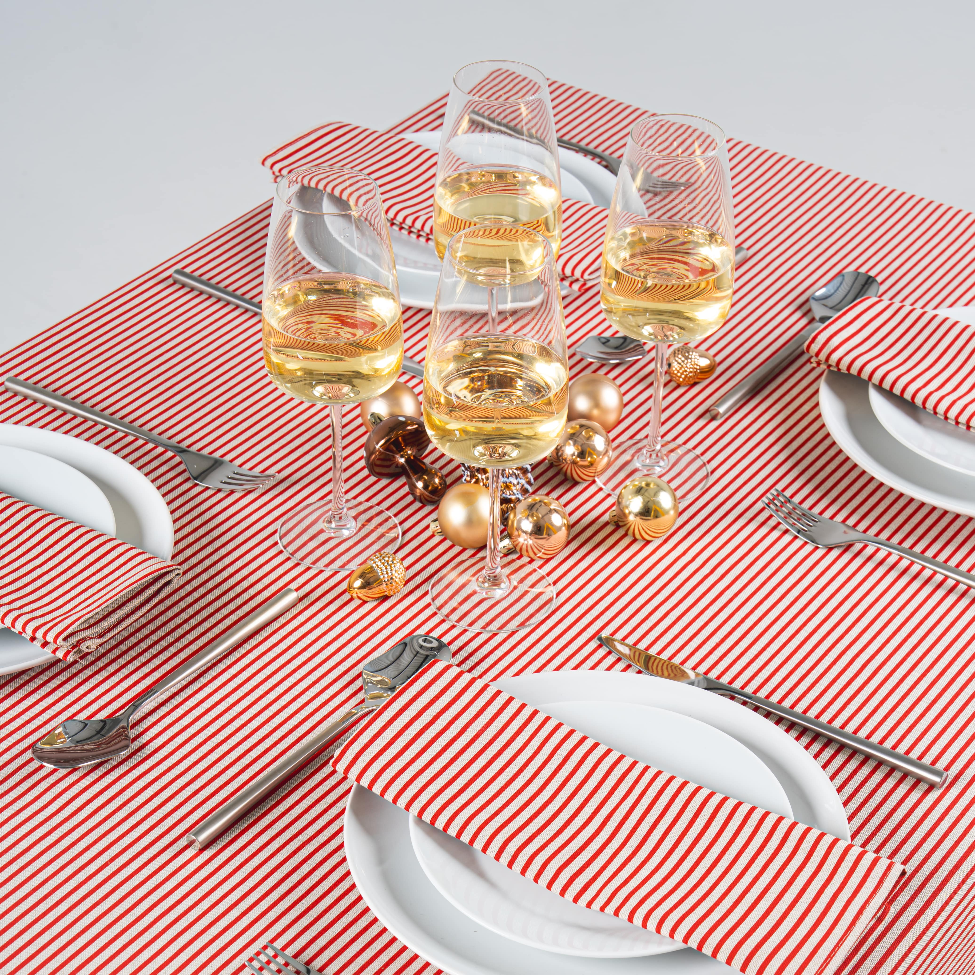 Linen and Red Stripe Ticking Christmas Fabric Tablecloth