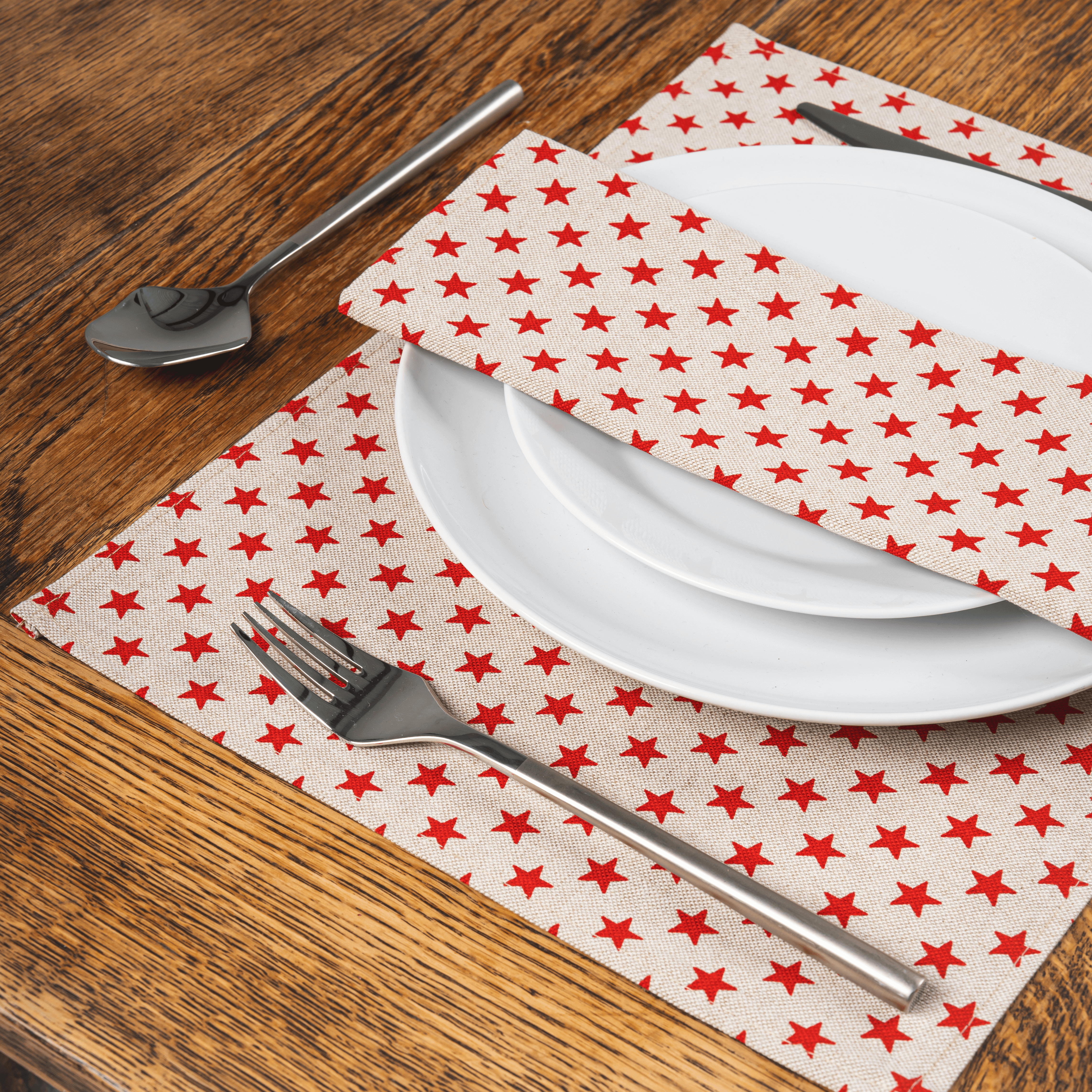 Linen and Red Stars Fabric Placemat 