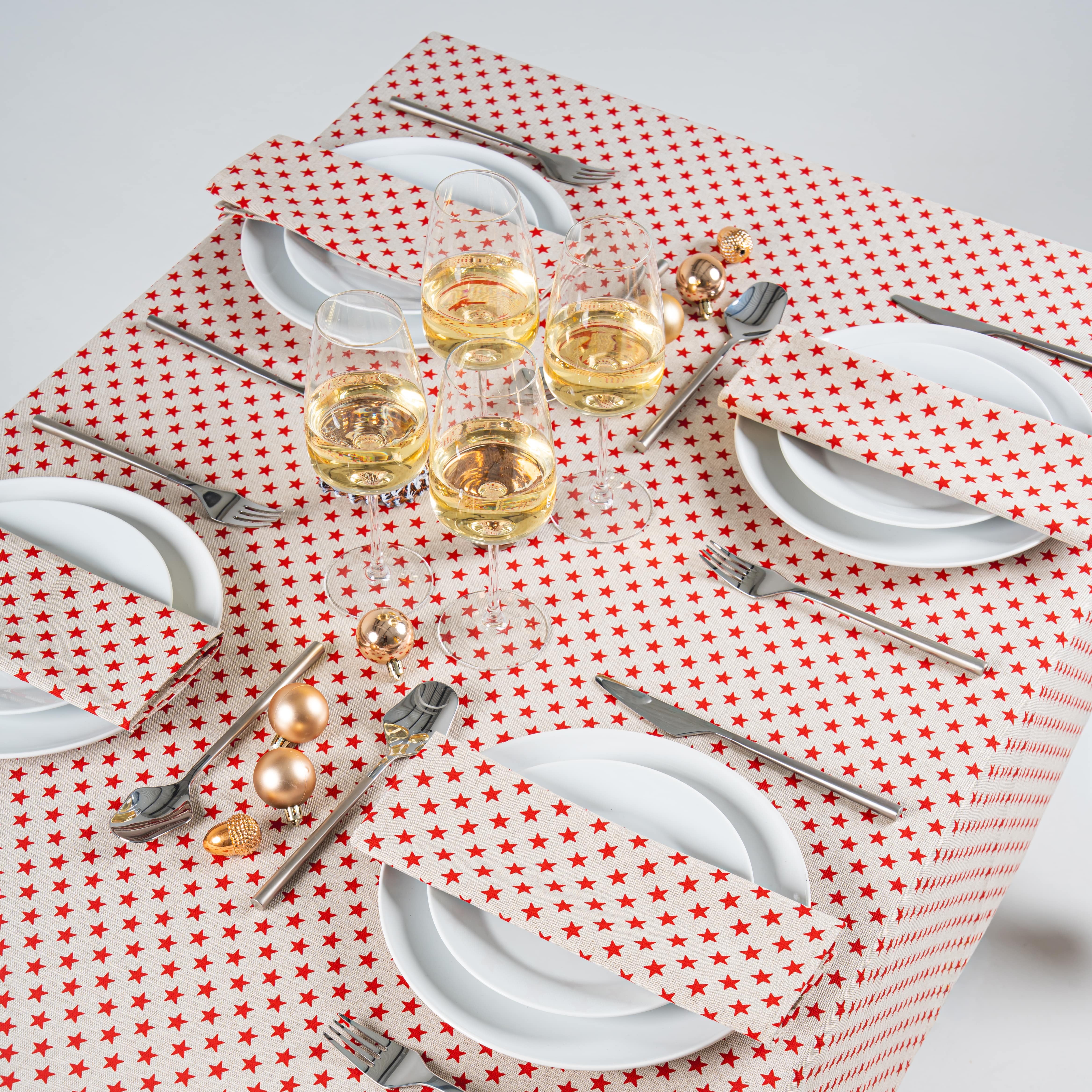 Linen and Red Star Christmas Fabric Tablecloth