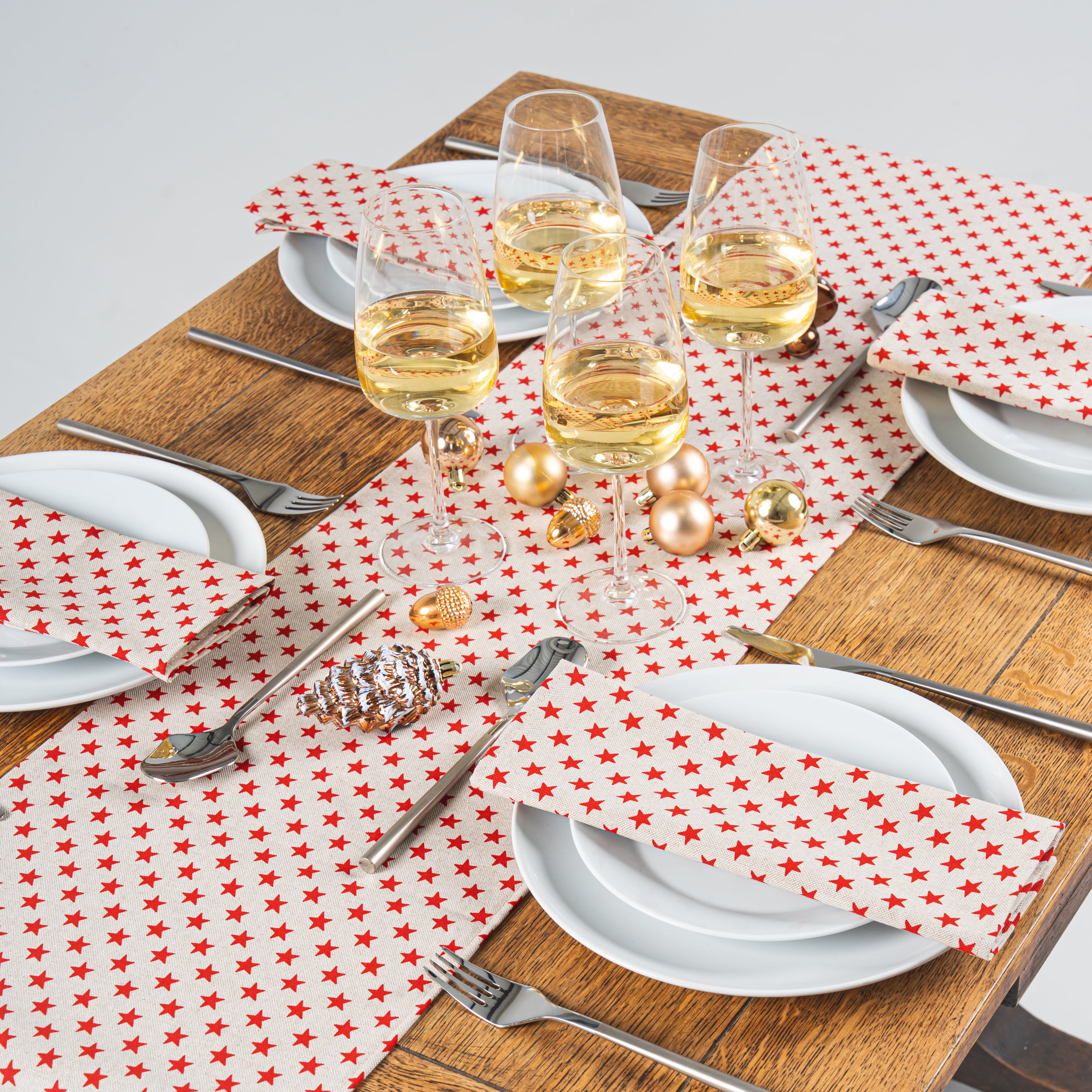Linen and Red Stars Fabric Table Runner