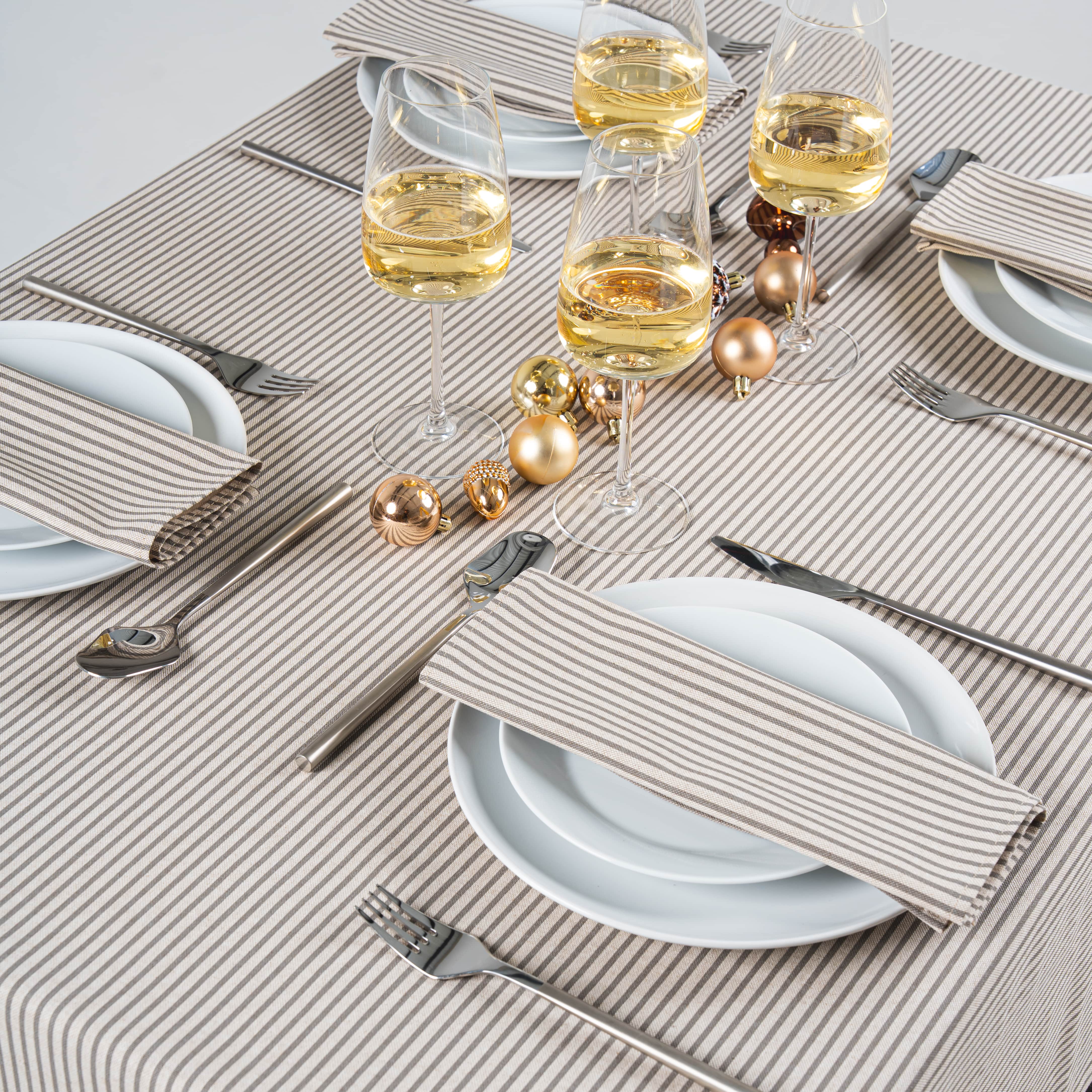 Linen and Grey Stripe Ticking Christmas Fabric Tablecloth