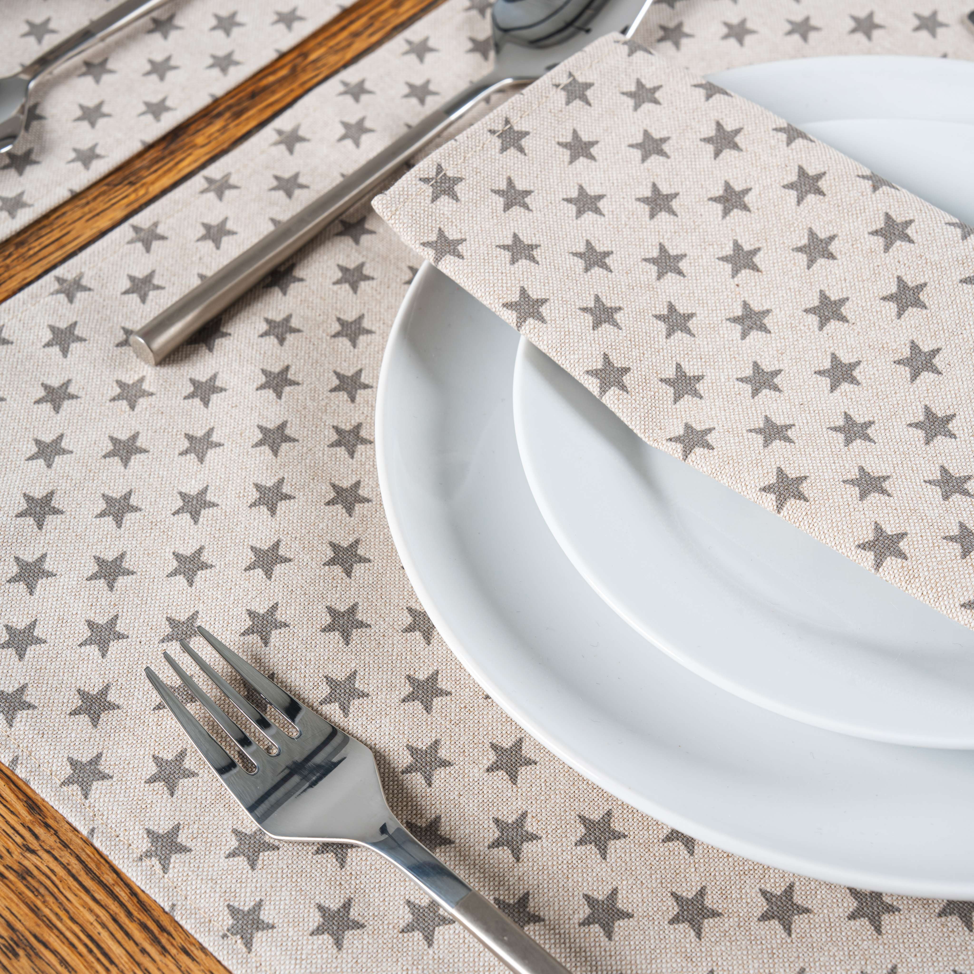 Linen Grey Stars 100% Fabric Napkin Set 