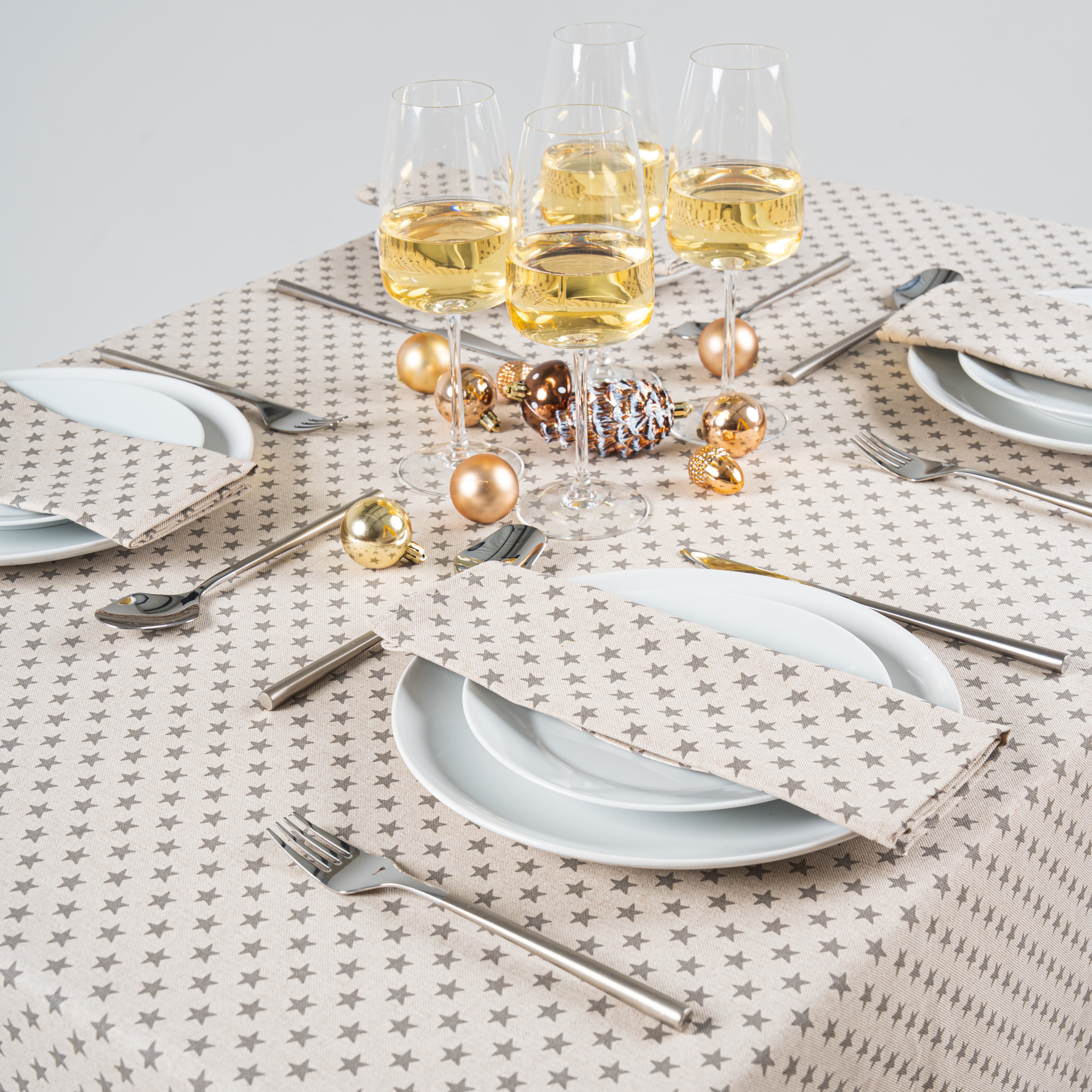 Linen and Grey Star Christmas Fabric Tablecloth