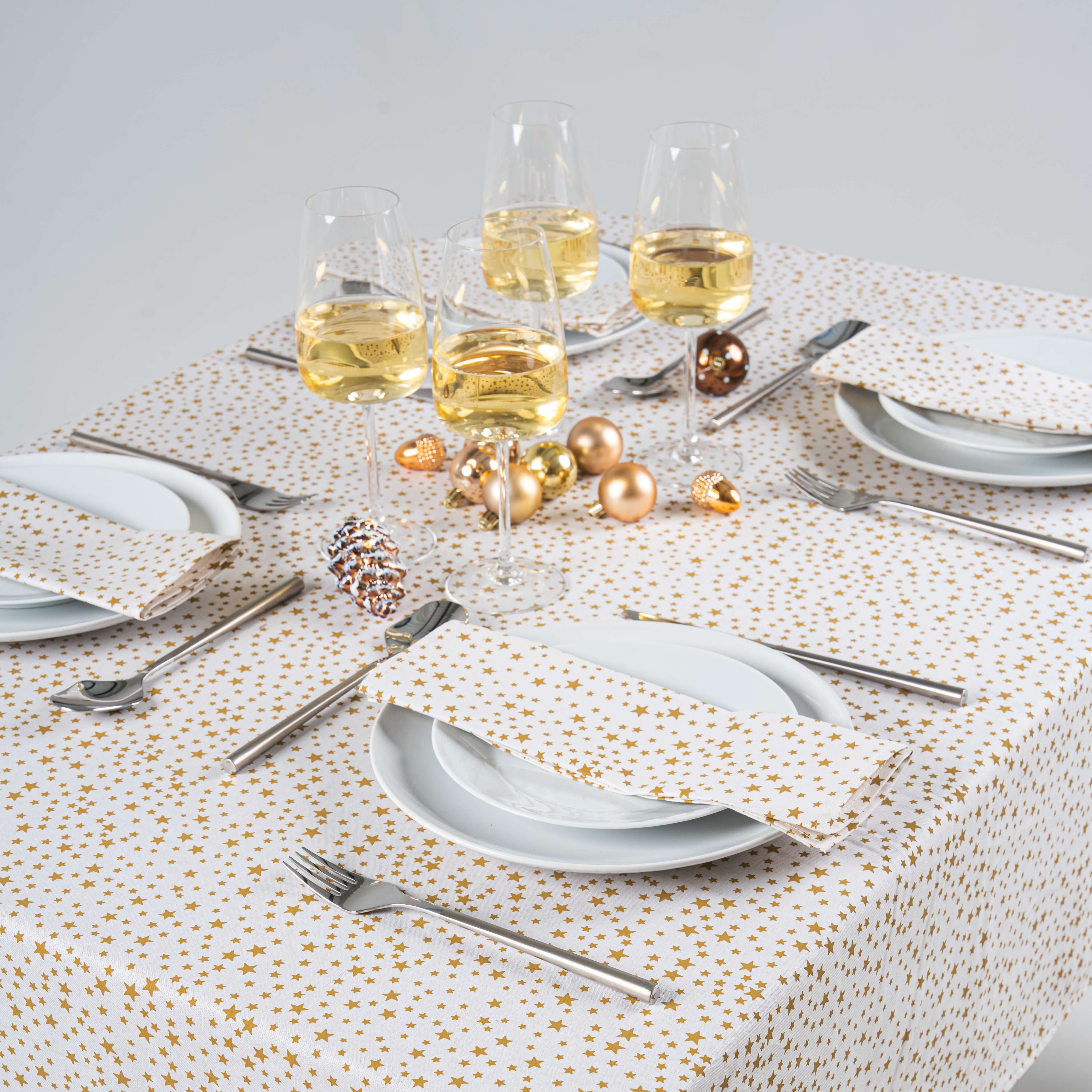 Cream & Gold Christmas Stars 100% Cotton Fabric Tablecloth